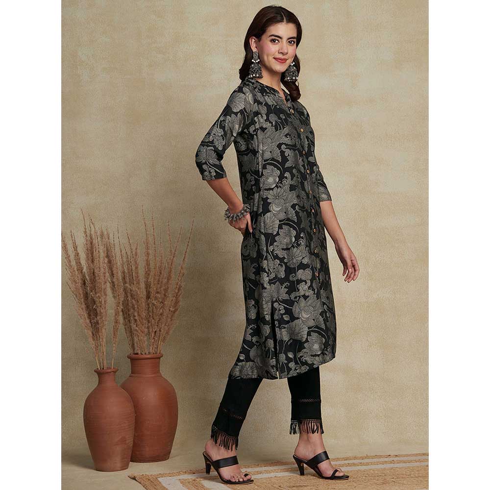 FASHOR Ethnic Printed A-Line Kurta - Black