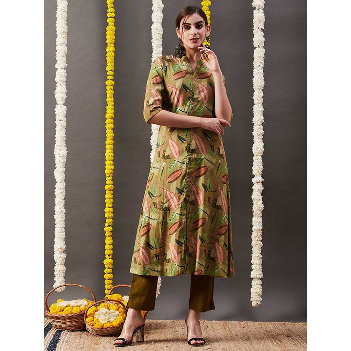 FASHOR Floral Leaf Foil Printed A-Line Kurta - Green