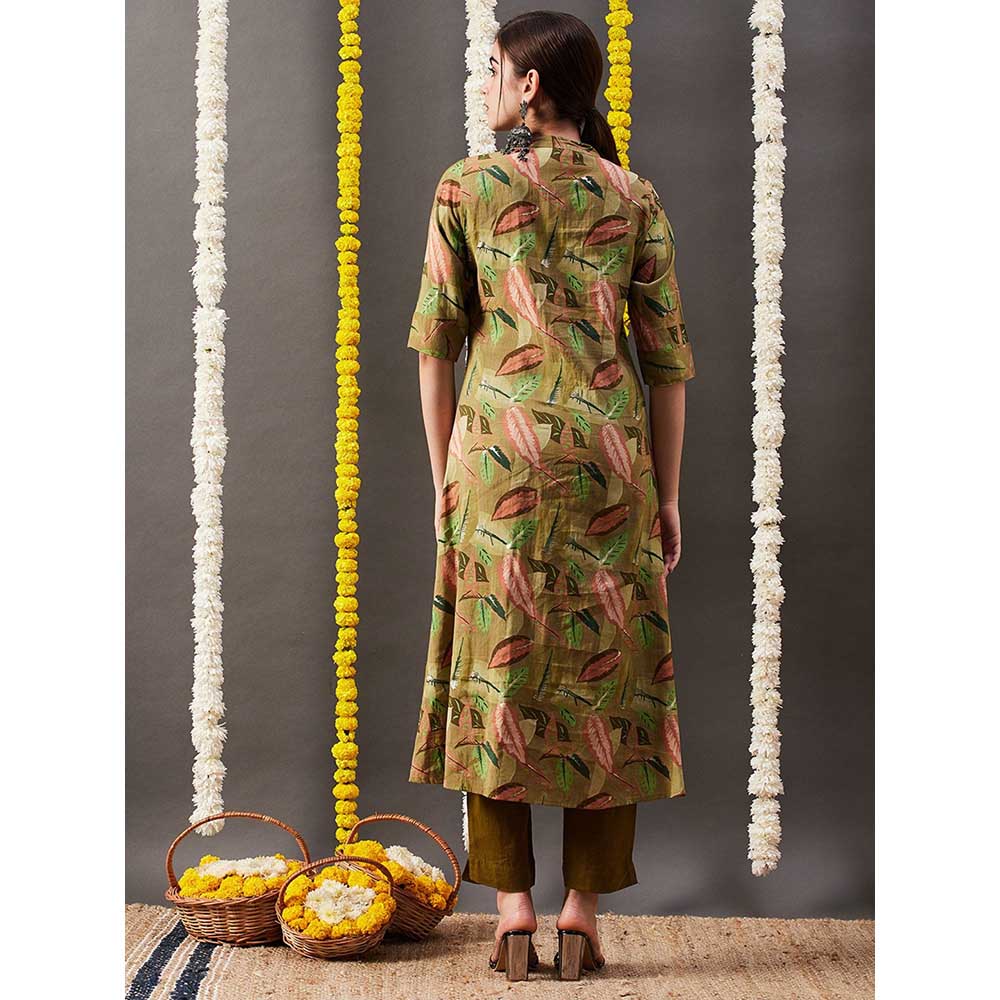 FASHOR Floral Leaf Foil Printed A-Line Kurta - Green