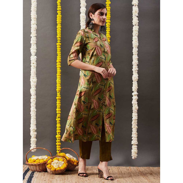 FASHOR Floral Leaf Foil Printed A-Line Kurta - Green