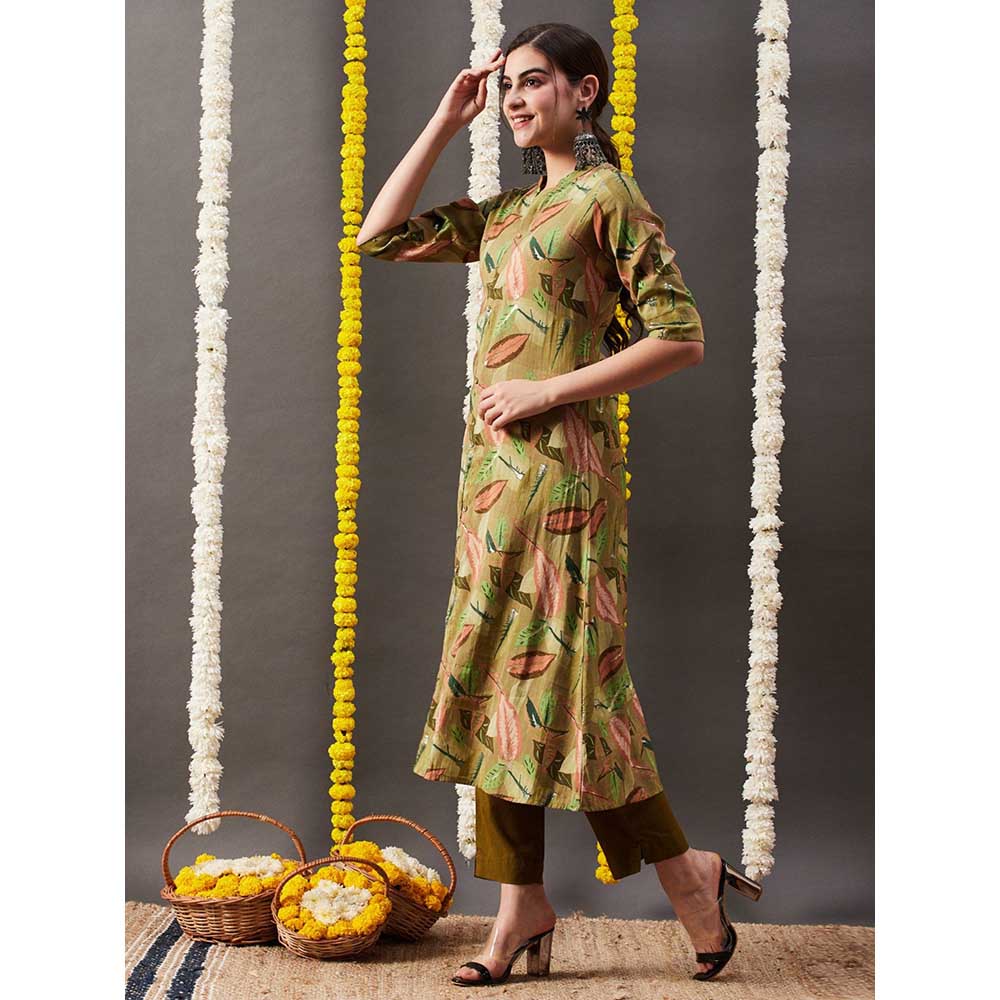 FASHOR Floral Leaf Foil Printed A-Line Kurta - Green