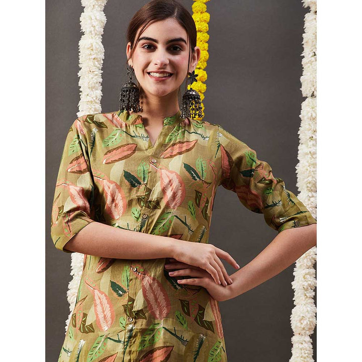 FASHOR Floral Leaf Foil Printed A-Line Kurta - Green