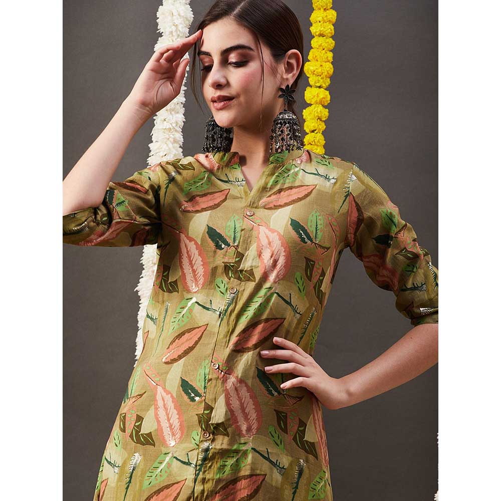 FASHOR Floral Leaf Foil Printed A-Line Kurta - Green