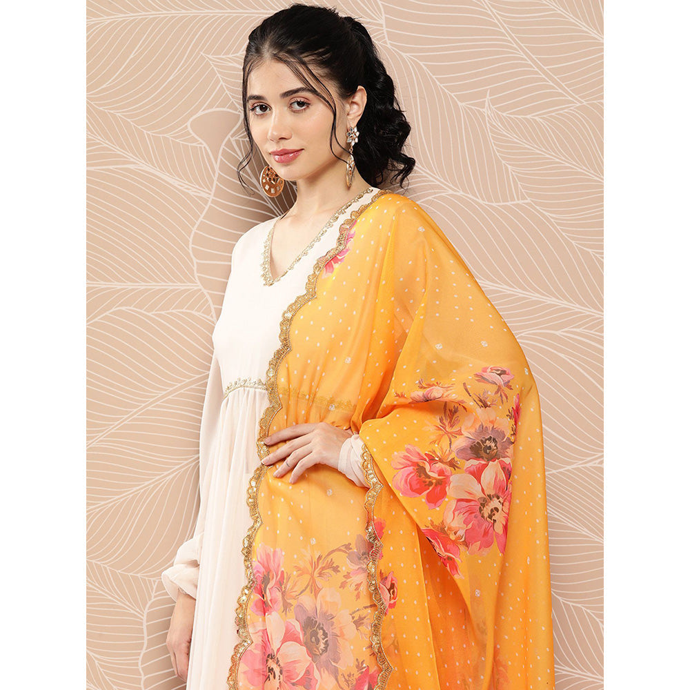 FASHOR Solid Embroidered Kurta with Palazzo & Dupatta - Off White (Set of 3)