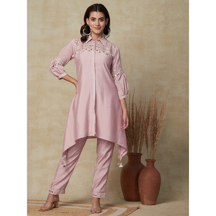 FASHOR Solid Mirror Embroidered Kurta with Pant - Pink (Set of 2)