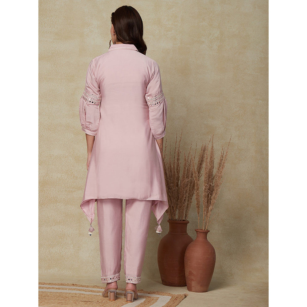 FASHOR Solid Mirror Embroidered Kurta with Pant - Pink (Set of 2)