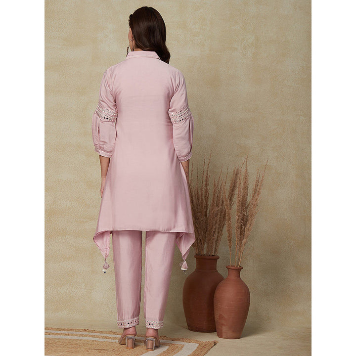 FASHOR Solid Mirror Embroidered Kurta with Pant - Pink (Set of 2)