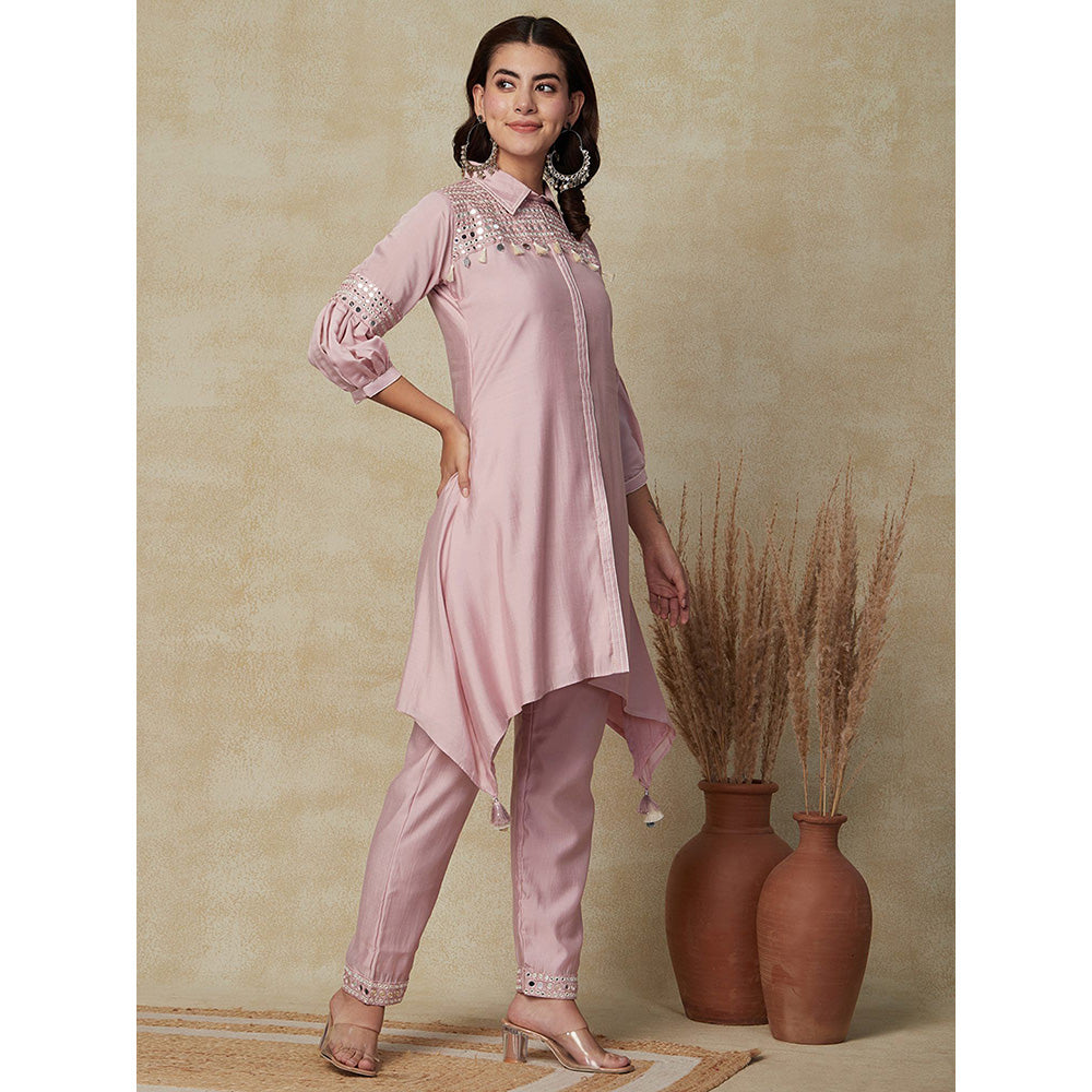 FASHOR Solid Mirror Embroidered Kurta with Pant - Pink (Set of 2)