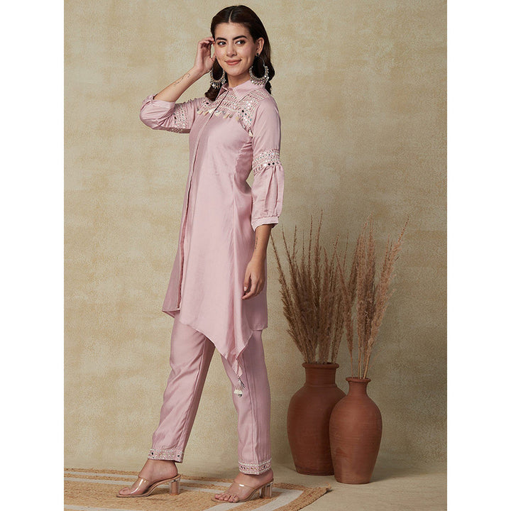 FASHOR Solid Mirror Embroidered Kurta with Pant - Pink (Set of 2)