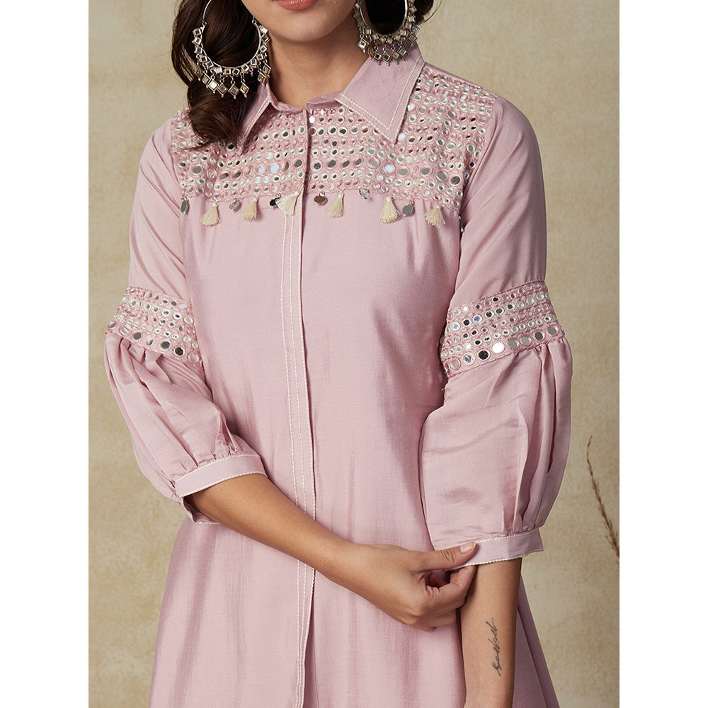 FASHOR Solid Mirror Embroidered Kurta with Pant - Pink (Set of 2)