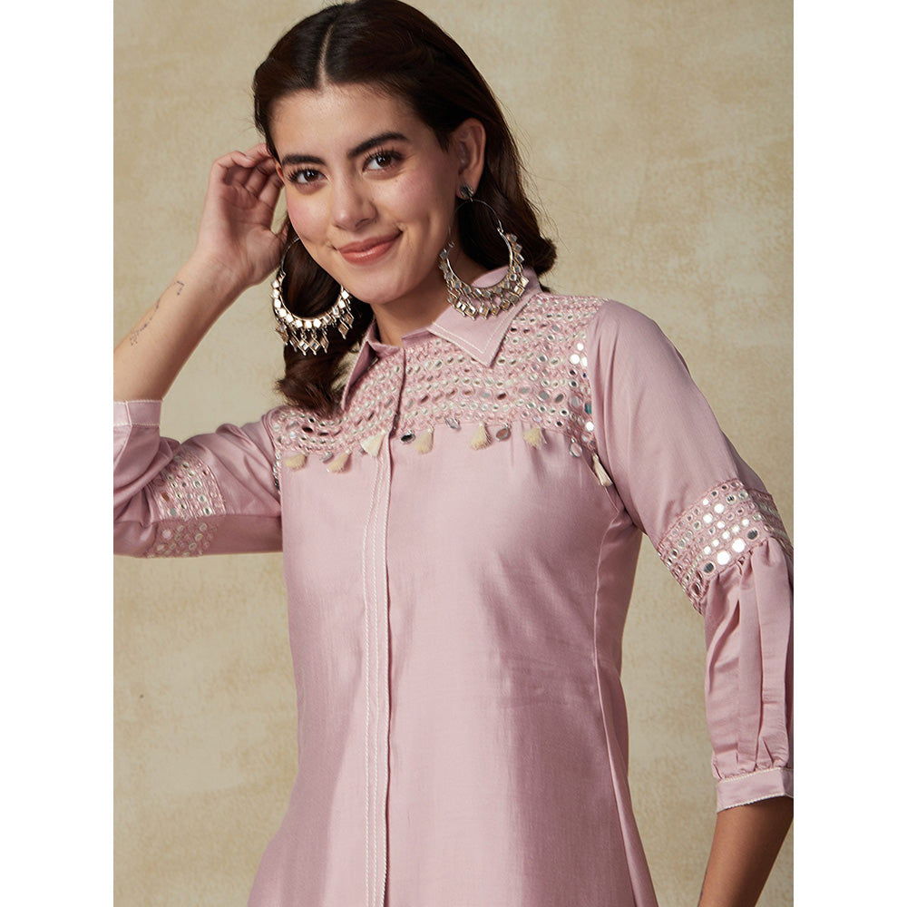 FASHOR Solid Mirror Embroidered Kurta with Pant - Pink (Set of 2)