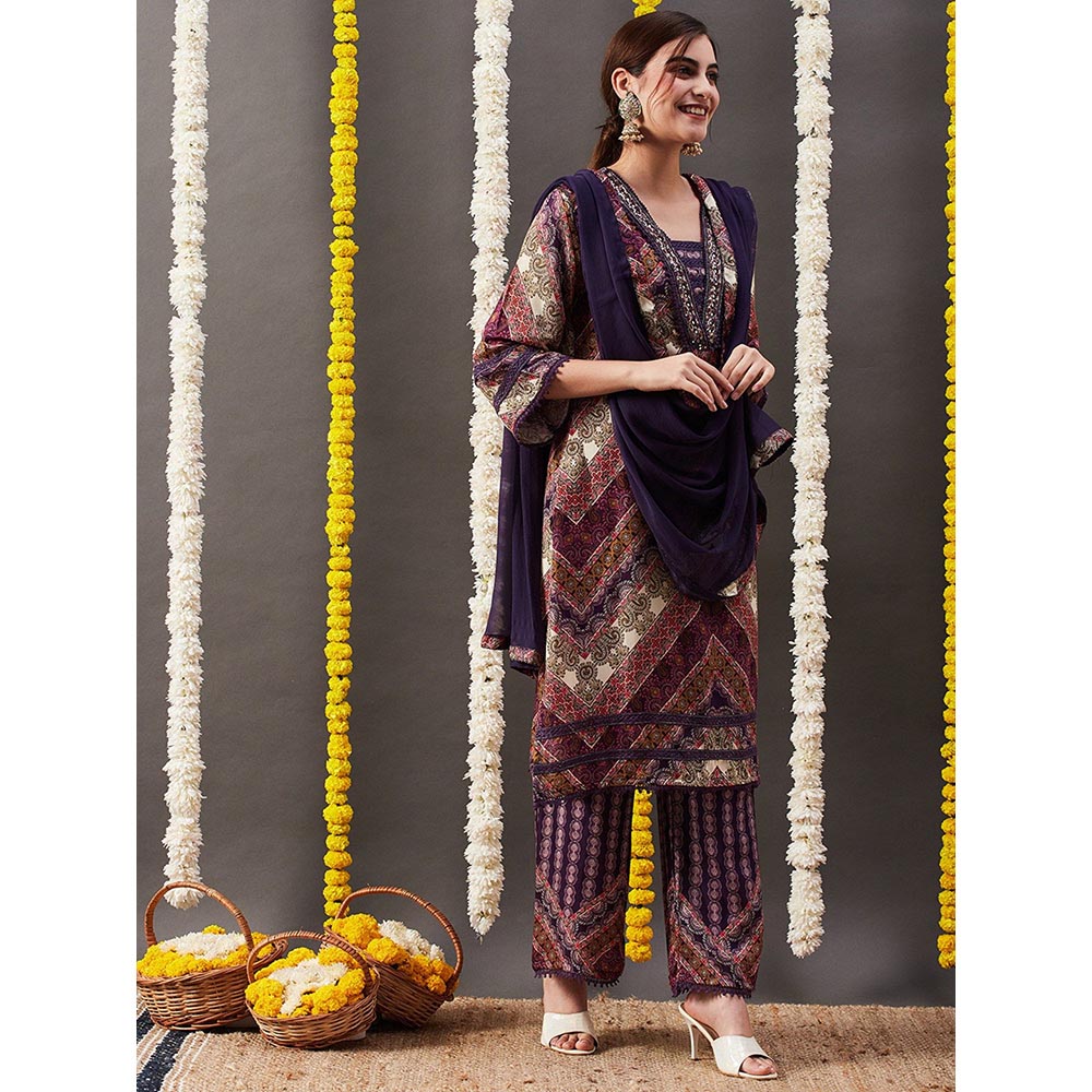 FASHOR Printed Kurta with Palazzo & Dupatta - Multi (Set of 3)