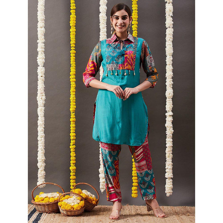 FASHOR Multi Printed Kurti with Pants - Blue & Multi (Set of 2)