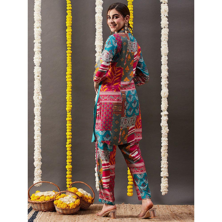 FASHOR Multi Printed Kurti with Pants - Blue & Multi (Set of 2)