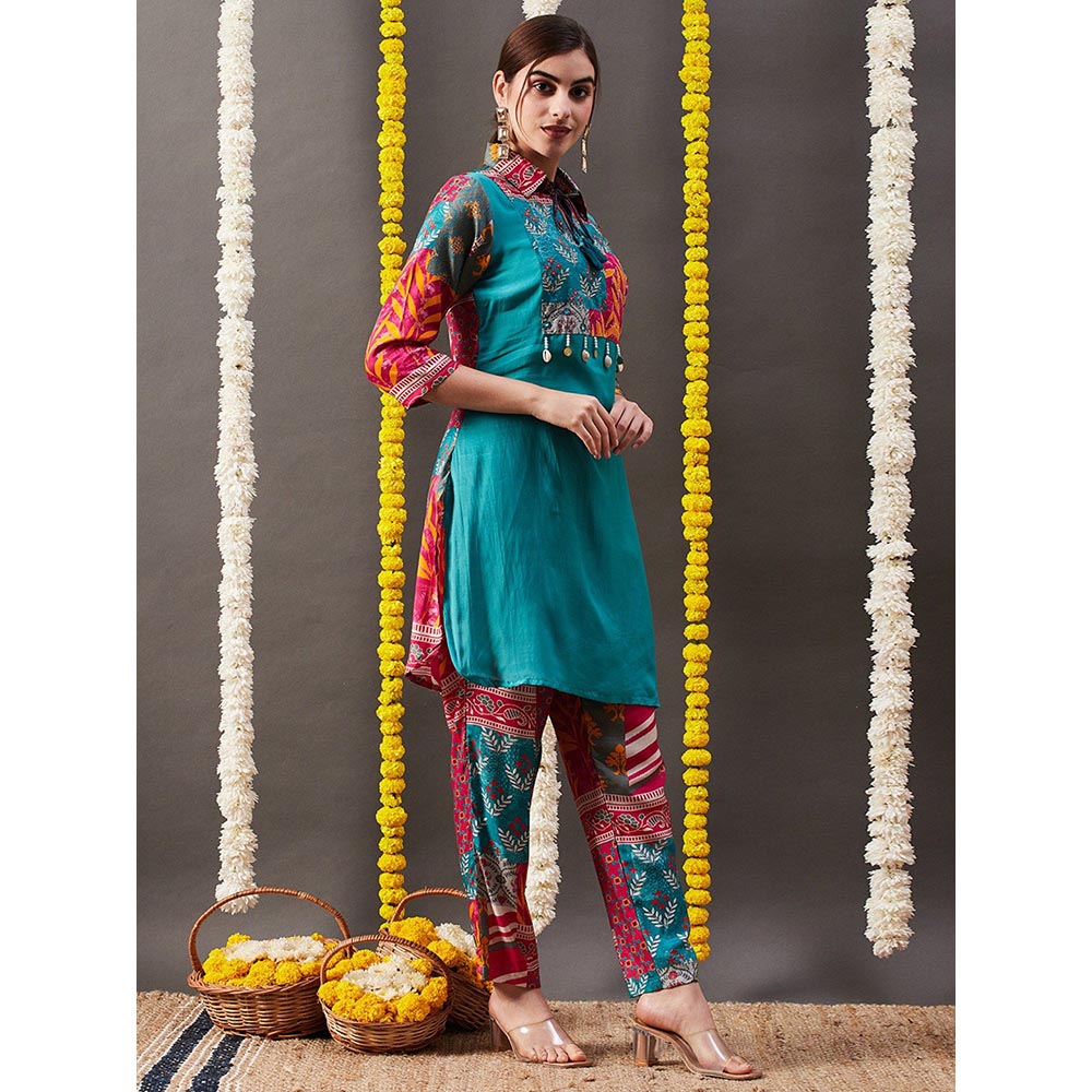 FASHOR Multi Printed Kurti with Pants - Blue & Multi (Set of 2)