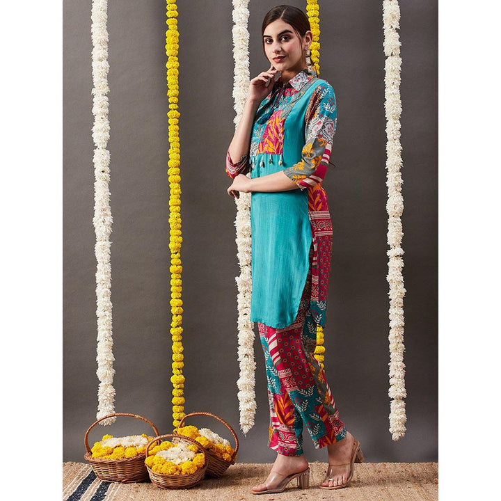 FASHOR Multi Printed Kurti with Pants - Blue & Multi (Set of 2)