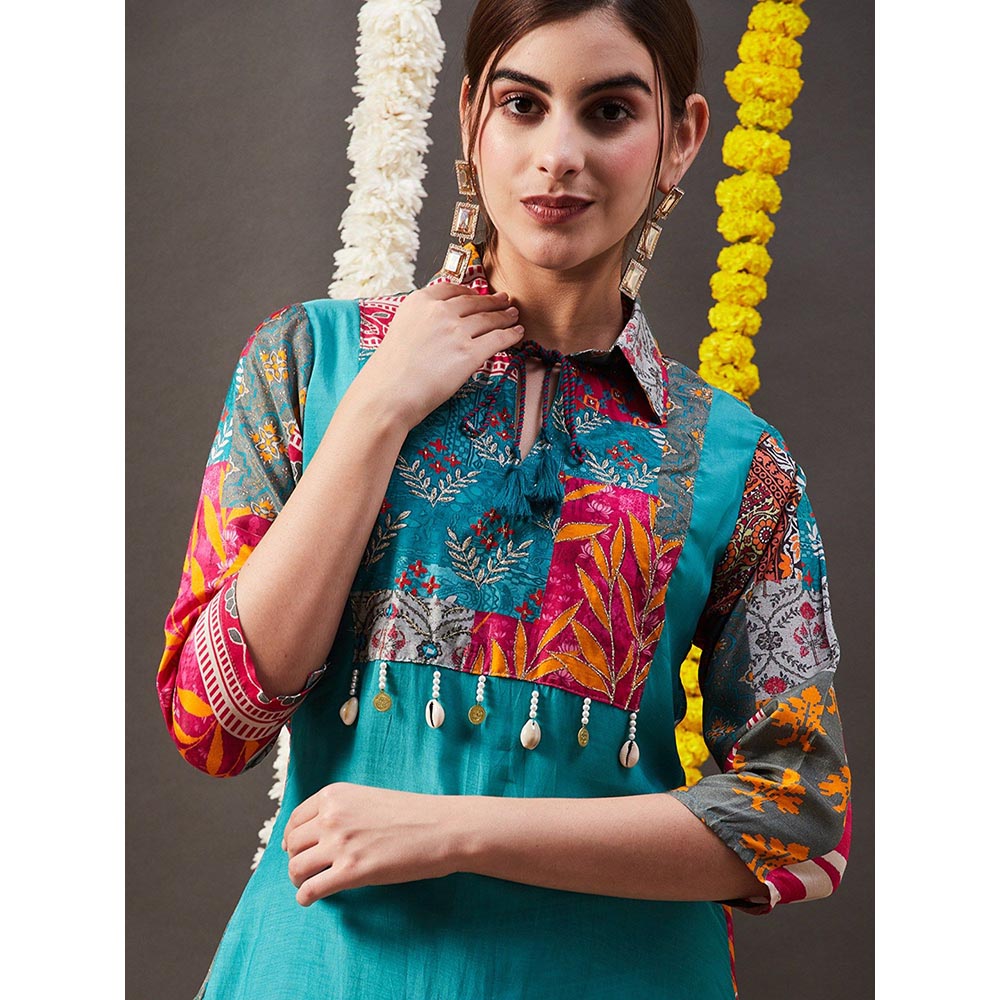 FASHOR Multi Printed Kurti with Pants - Blue & Multi (Set of 2)