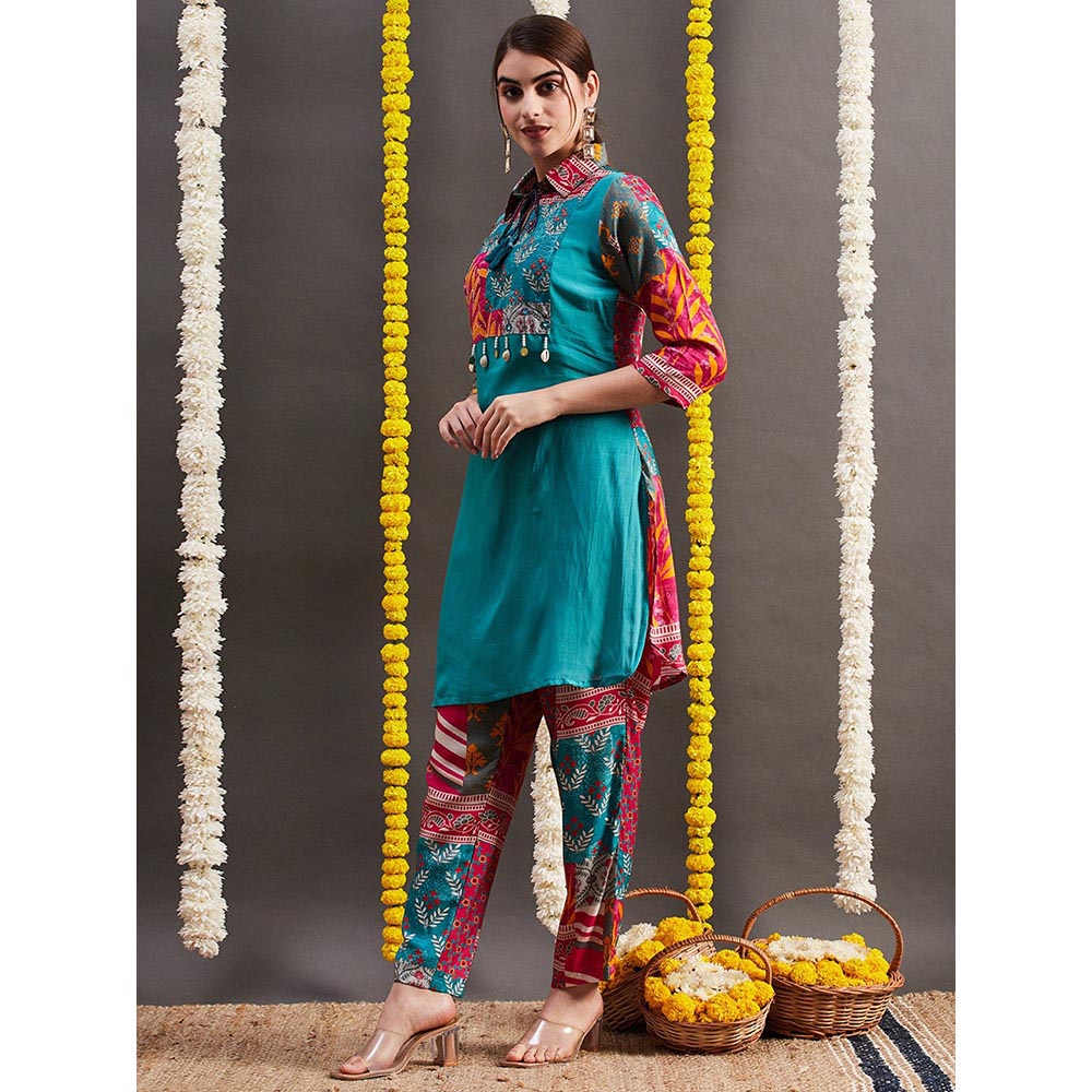 FASHOR Multi Printed Kurti with Pants - Blue & Multi (Set of 2)