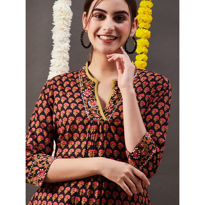 FASHOR Floral Printed Embroidered Kurta with Pant - Black (Set of 2)