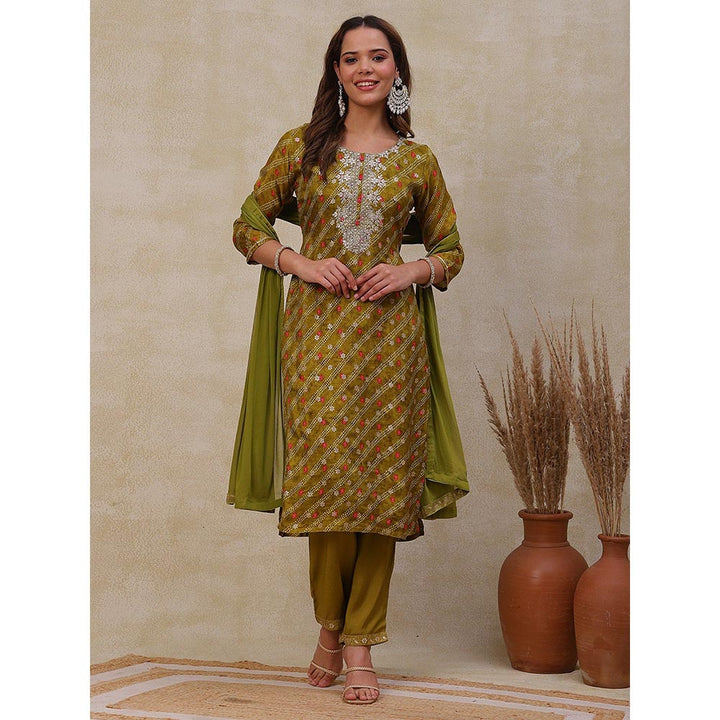 FASHOR Printed Kurta with Pants and Dupatta - Olive Green (Set of 3)