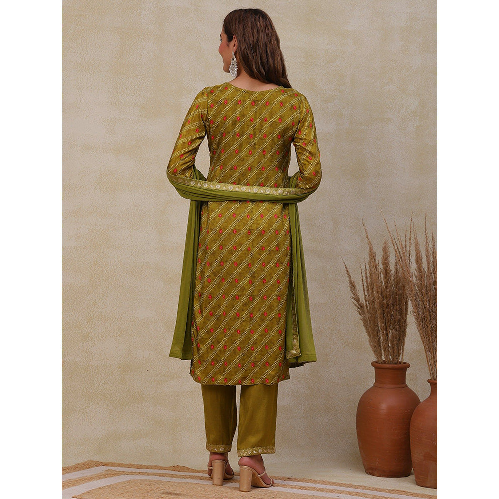 FASHOR Printed Kurta with Pants and Dupatta - Olive Green (Set of 3)