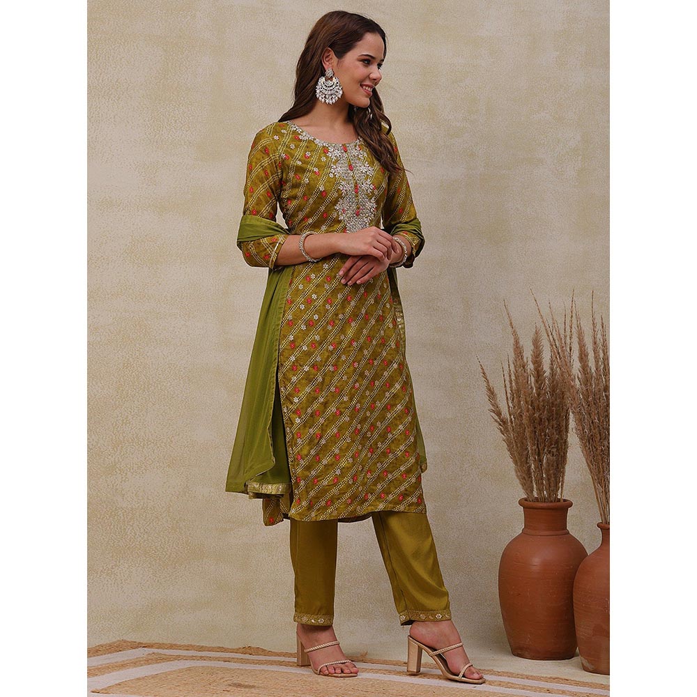 FASHOR Printed Kurta with Pants and Dupatta - Olive Green (Set of 3)