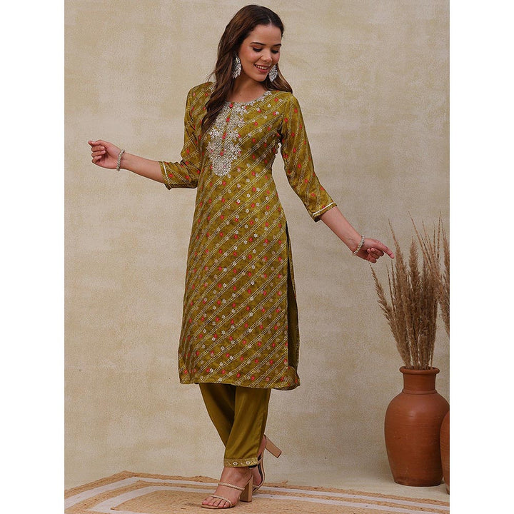 FASHOR Printed Kurta with Pants and Dupatta - Olive Green (Set of 3)