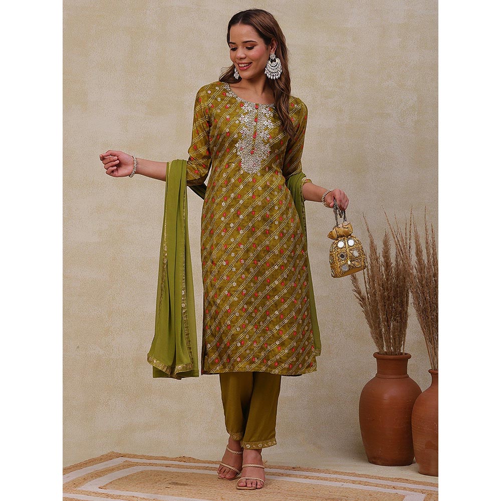 FASHOR Printed Kurta with Pants and Dupatta - Olive Green (Set of 3)