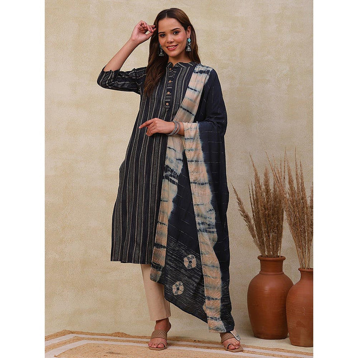 FASHOR Woven Dobby Kurta with Pants and Dupatta - Dark Blue-Black (Set of 3)