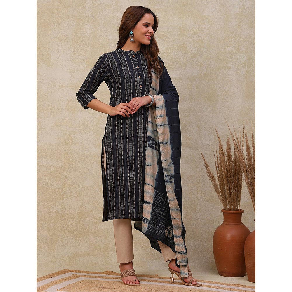 FASHOR Woven Dobby Kurta with Pants and Dupatta - Dark Blue-Black (Set of 3)