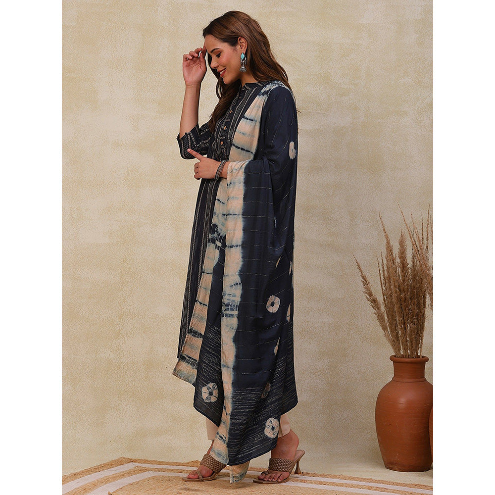 FASHOR Woven Dobby Kurta with Pants and Dupatta - Dark Blue-Black (Set of 3)