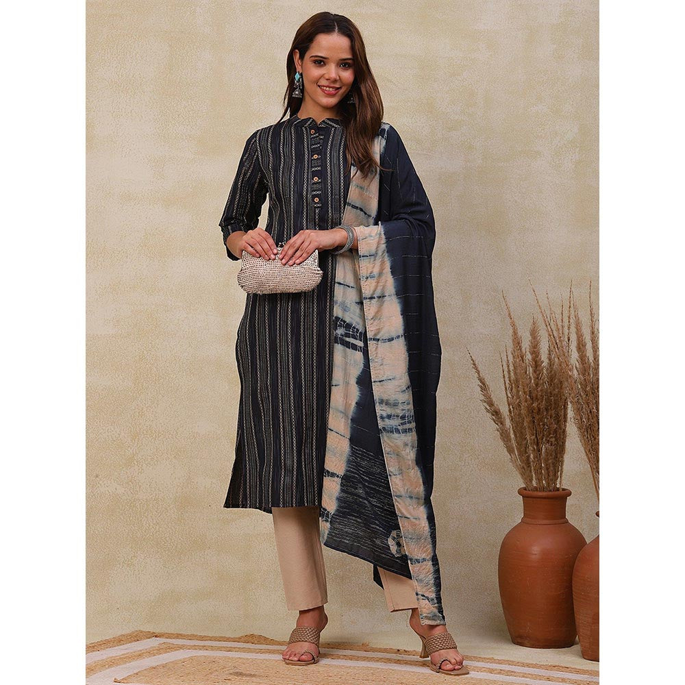 FASHOR Woven Dobby Kurta with Pants and Dupatta - Dark Blue-Black (Set of 3)