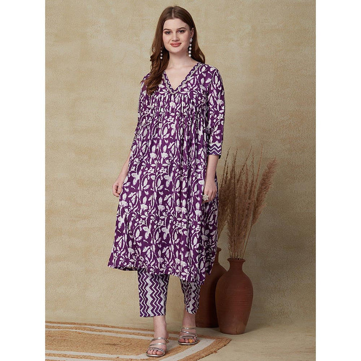 FASHOR Floral and Chevron Printed Kurta with Pant - Purple (Set of 2)