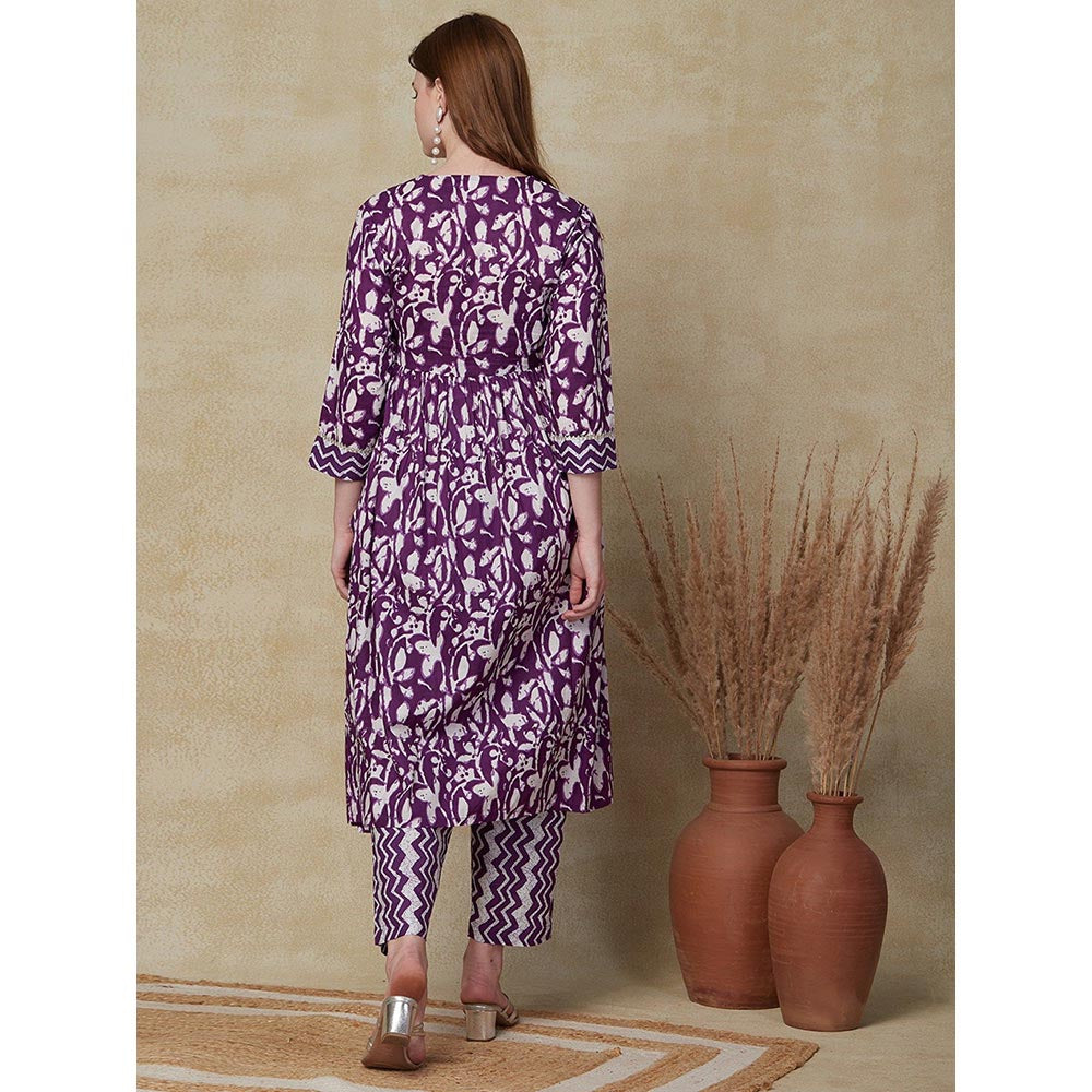 FASHOR Floral and Chevron Printed Kurta with Pant - Purple (Set of 2)