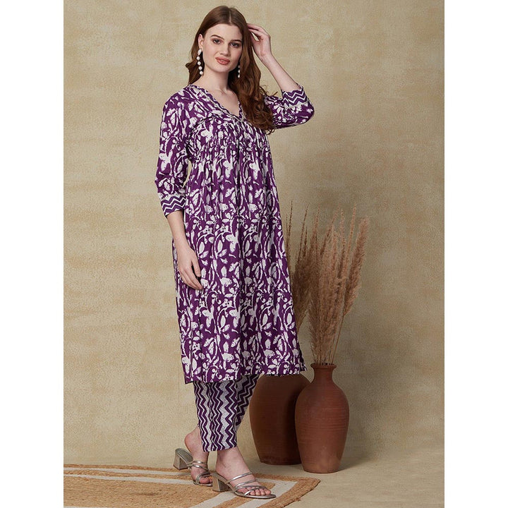 FASHOR Floral and Chevron Printed Kurta with Pant - Purple (Set of 2)