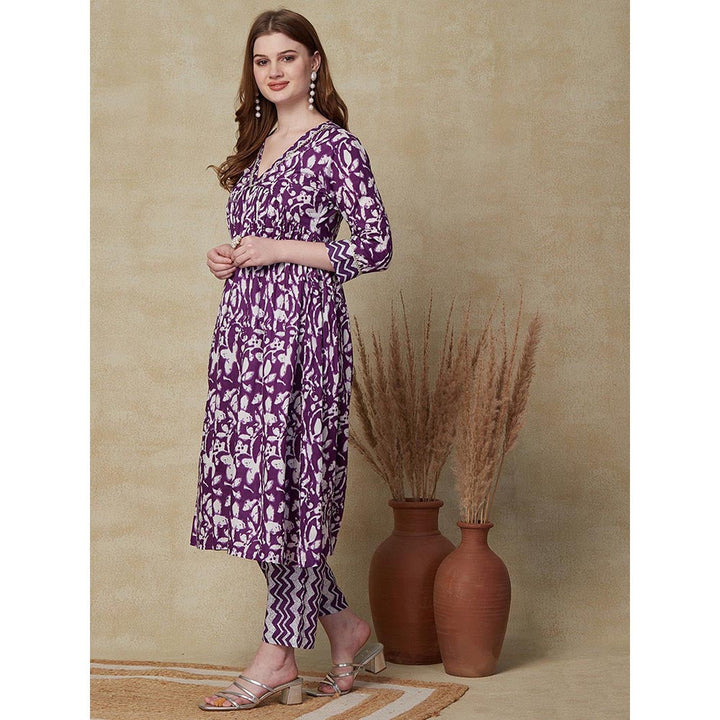 FASHOR Floral and Chevron Printed Kurta with Pant - Purple (Set of 2)