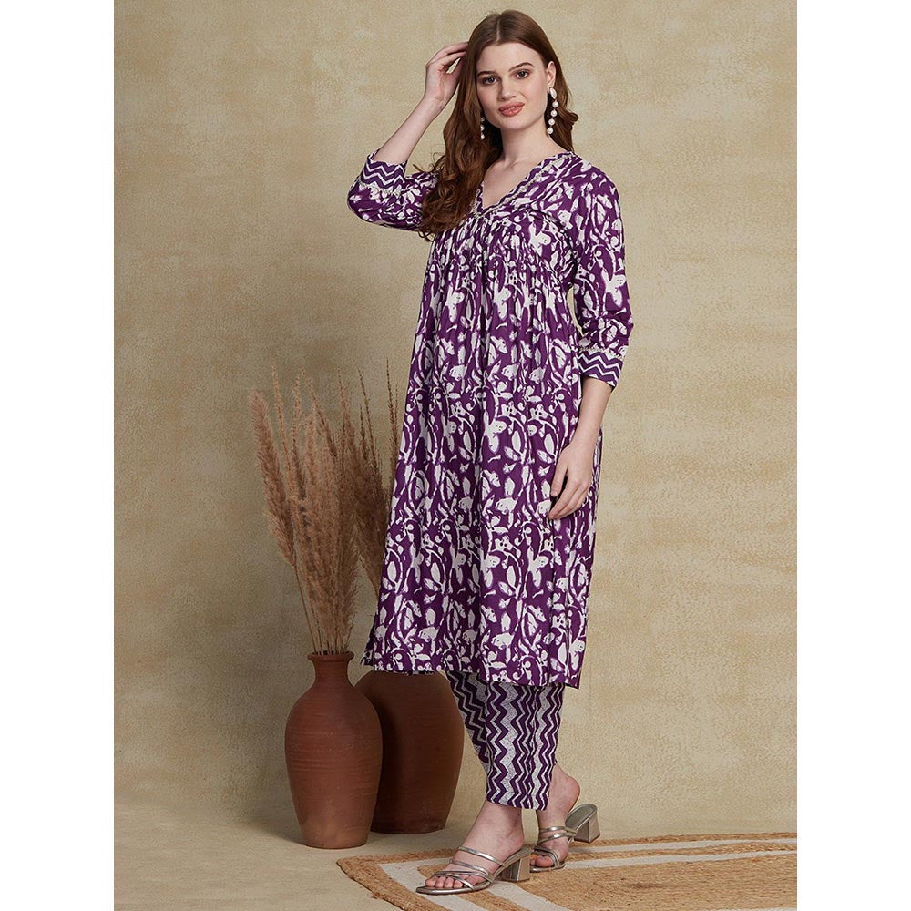 FASHOR Floral and Chevron Printed Kurta with Pant - Purple (Set of 2)