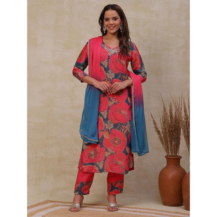 FASHOR Floral Printed Kurta with Pants & Dupatta - Coral (Set of 3)