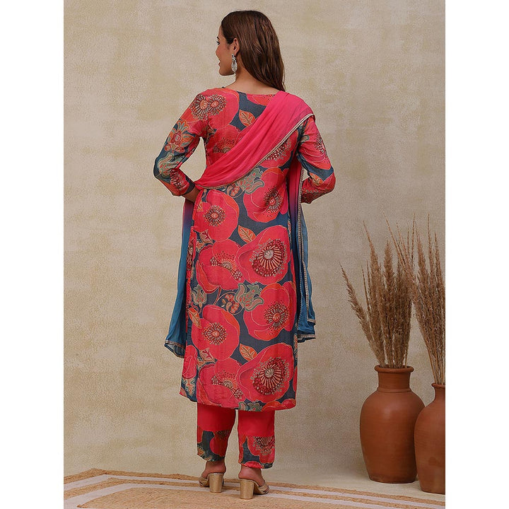 FASHOR Floral Printed Kurta with Pants & Dupatta - Coral (Set of 3)