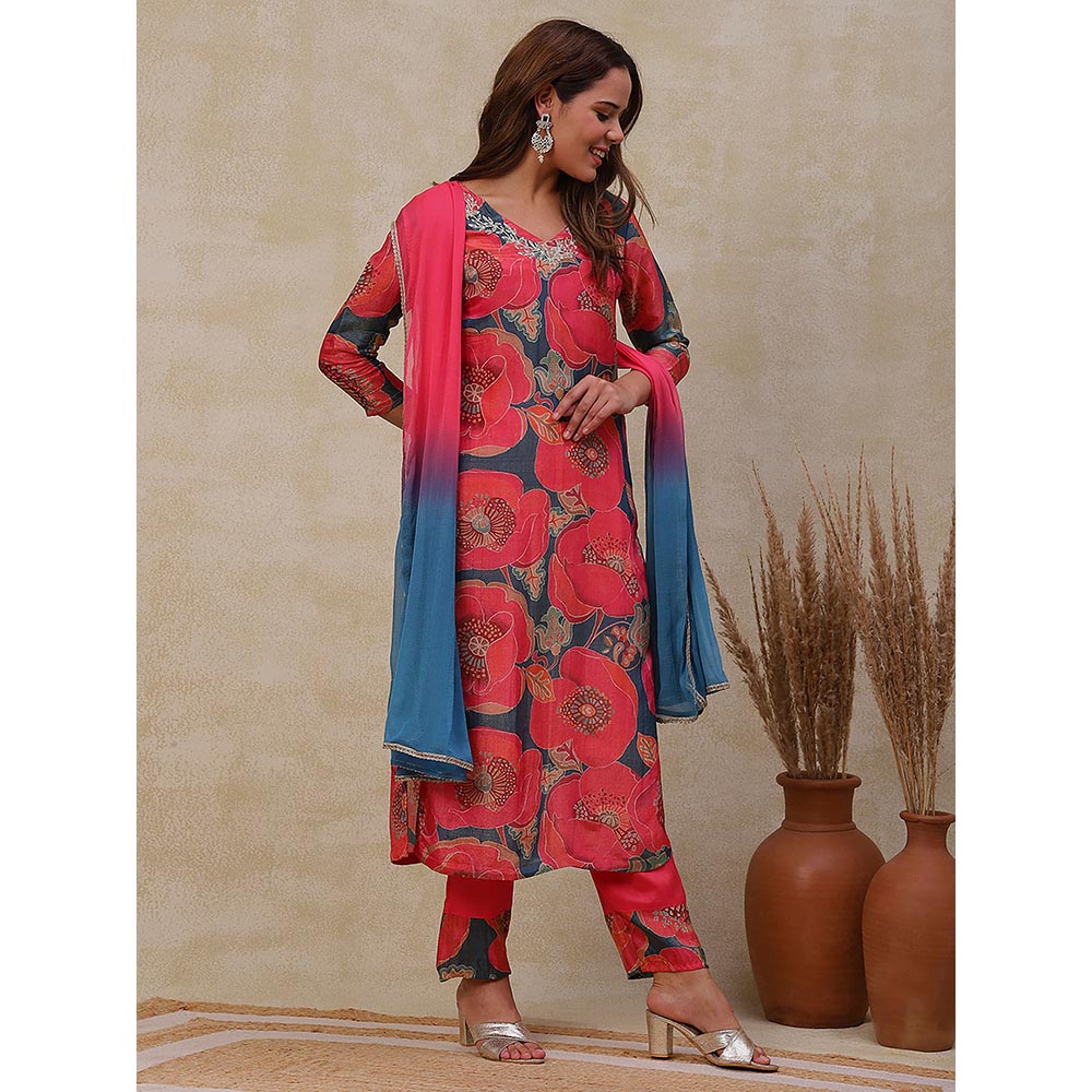 FASHOR Floral Printed Kurta with Pants & Dupatta - Coral (Set of 3)