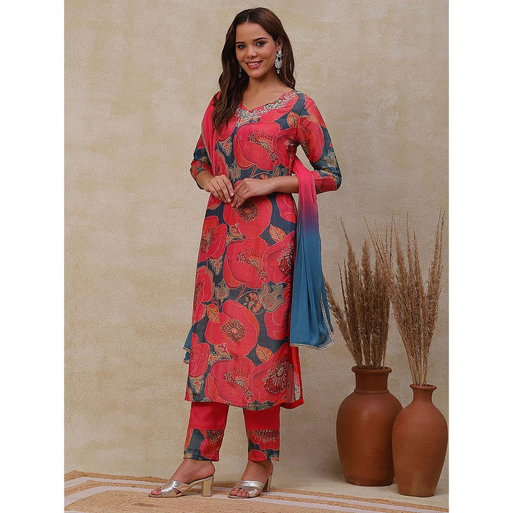 FASHOR Floral Printed Kurta with Pants & Dupatta - Coral (Set of 3)