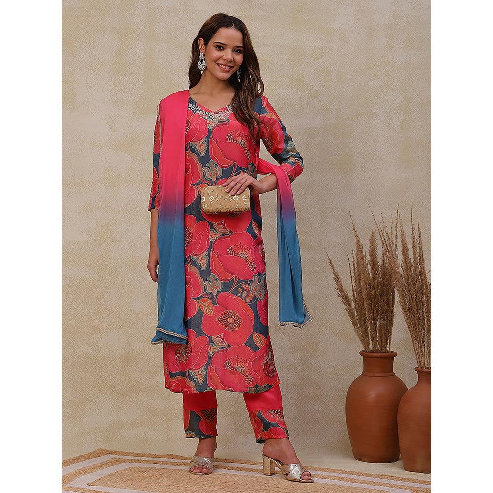 FASHOR Floral Printed Kurta with Pants & Dupatta - Coral (Set of 3)