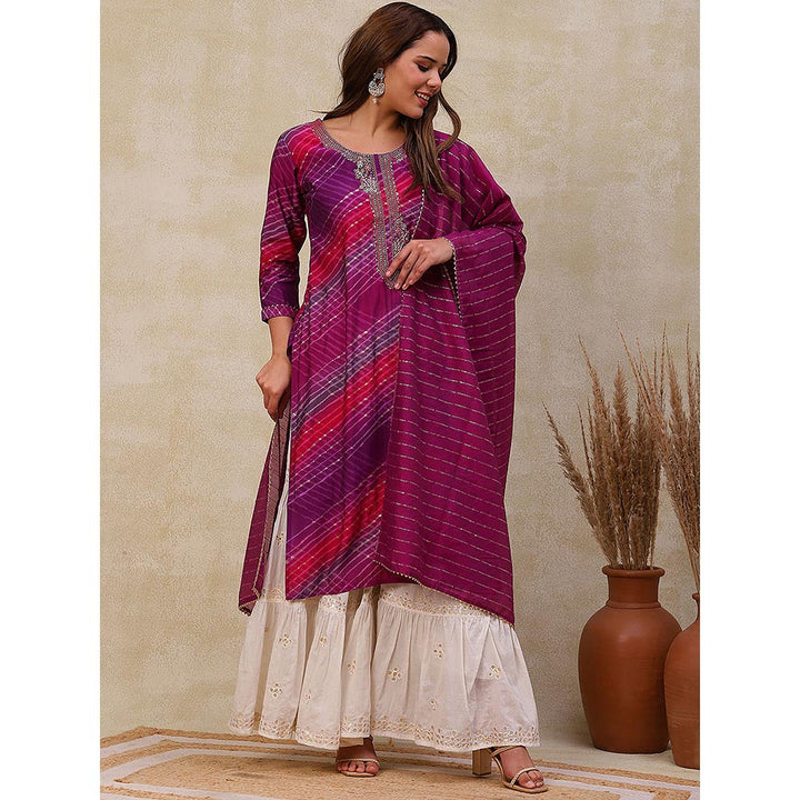 FASHOR Printed Kurta with Dupatta - Purple (Set of 2)