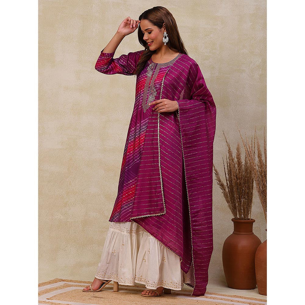 FASHOR Printed Kurta with Dupatta - Purple (Set of 2)