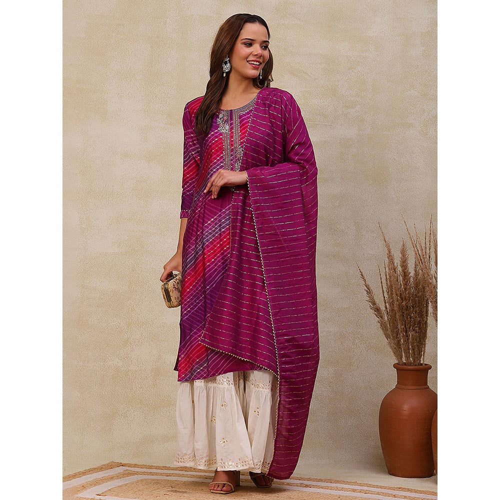 FASHOR Printed Kurta with Dupatta - Purple (Set of 2)