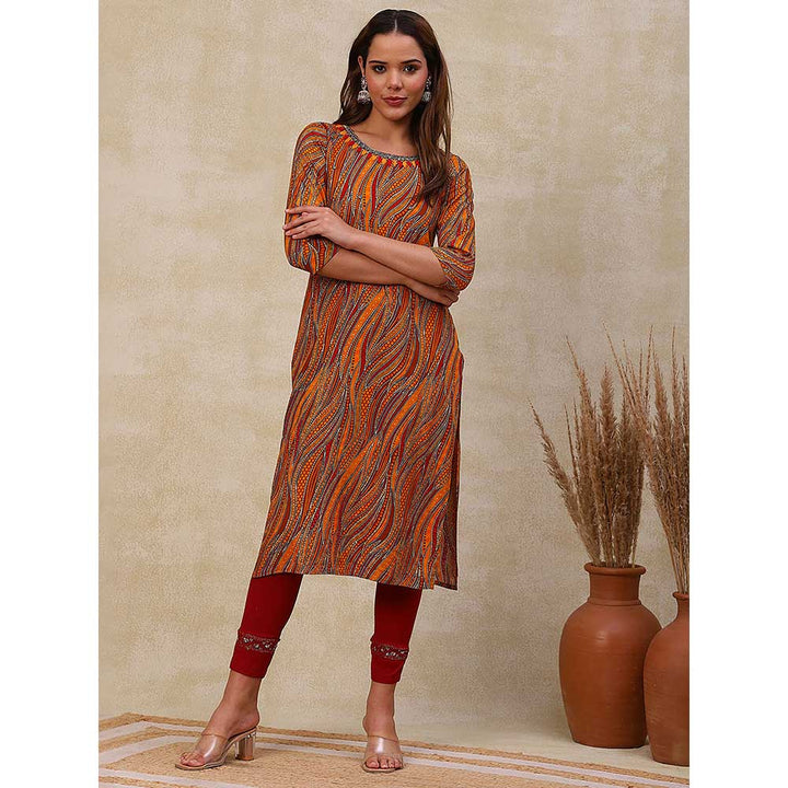 FASHOR Printed Embroidered Kurta - Mustard & Multi