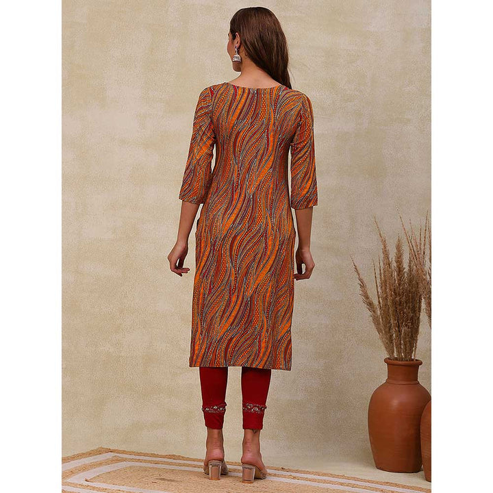 FASHOR Printed Embroidered Kurta - Mustard & Multi