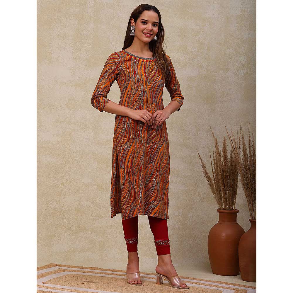 FASHOR Printed Embroidered Kurta - Mustard & Multi