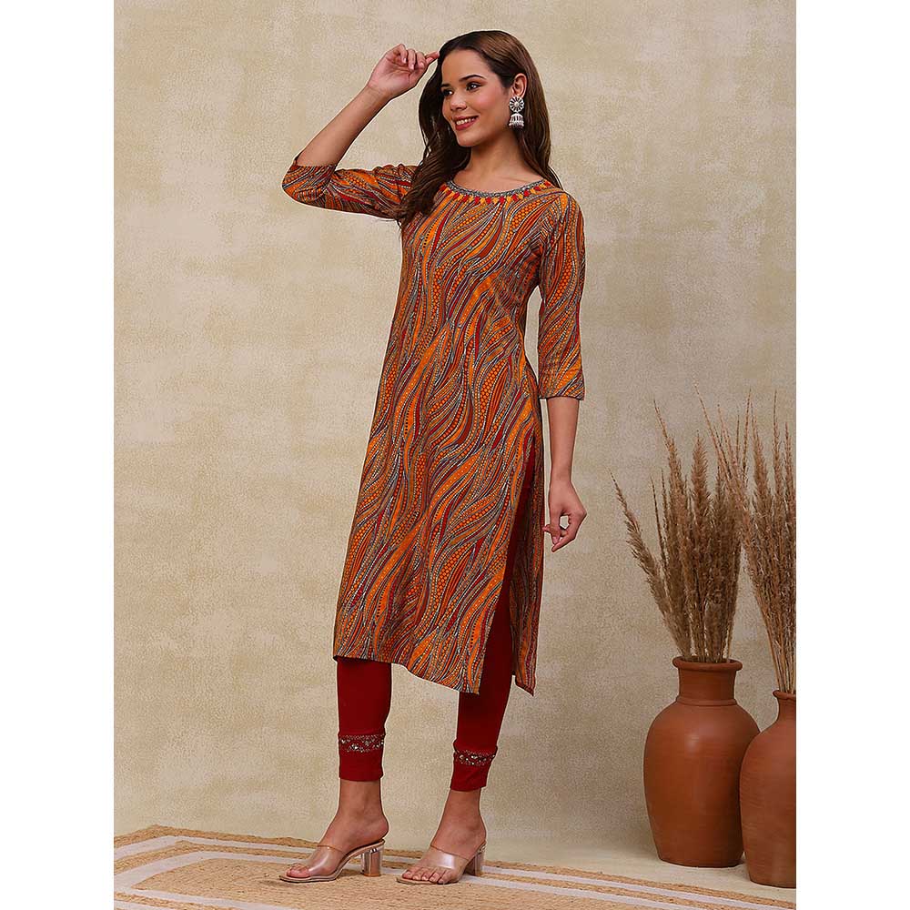 FASHOR Printed Embroidered Kurta - Mustard & Multi