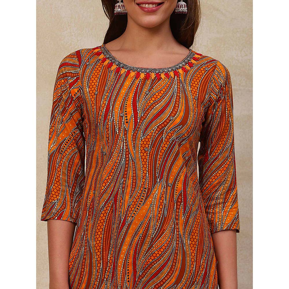 FASHOR Printed Embroidered Kurta - Mustard & Multi